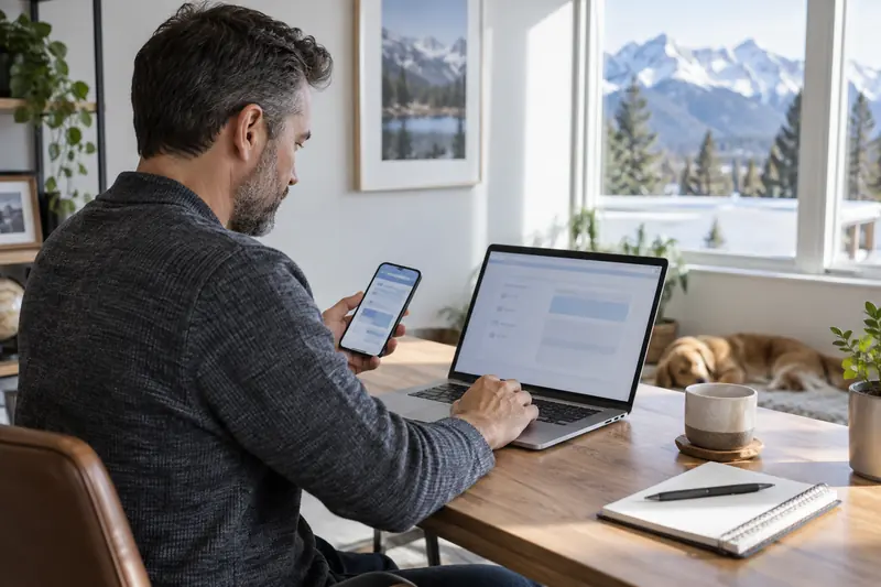 Person using a laptop and phone at a home workspace