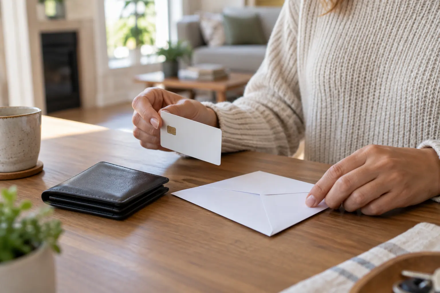 Hands holding a blank debit card beside a wallet and envelope